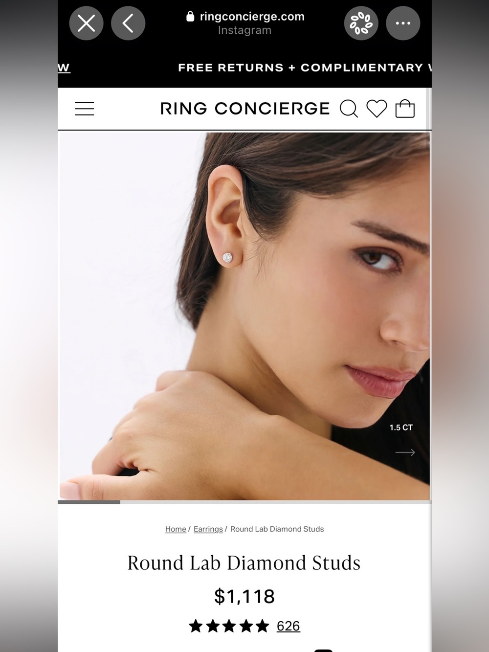 Ring Concierge 1.5 CT Lab-Grown Diamond Stud Earrings – White Gold w box